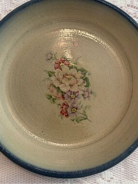 Vintage Monroe Salt Works Floral Stoneware Plate, Maine Pottery Blue Rim Dish